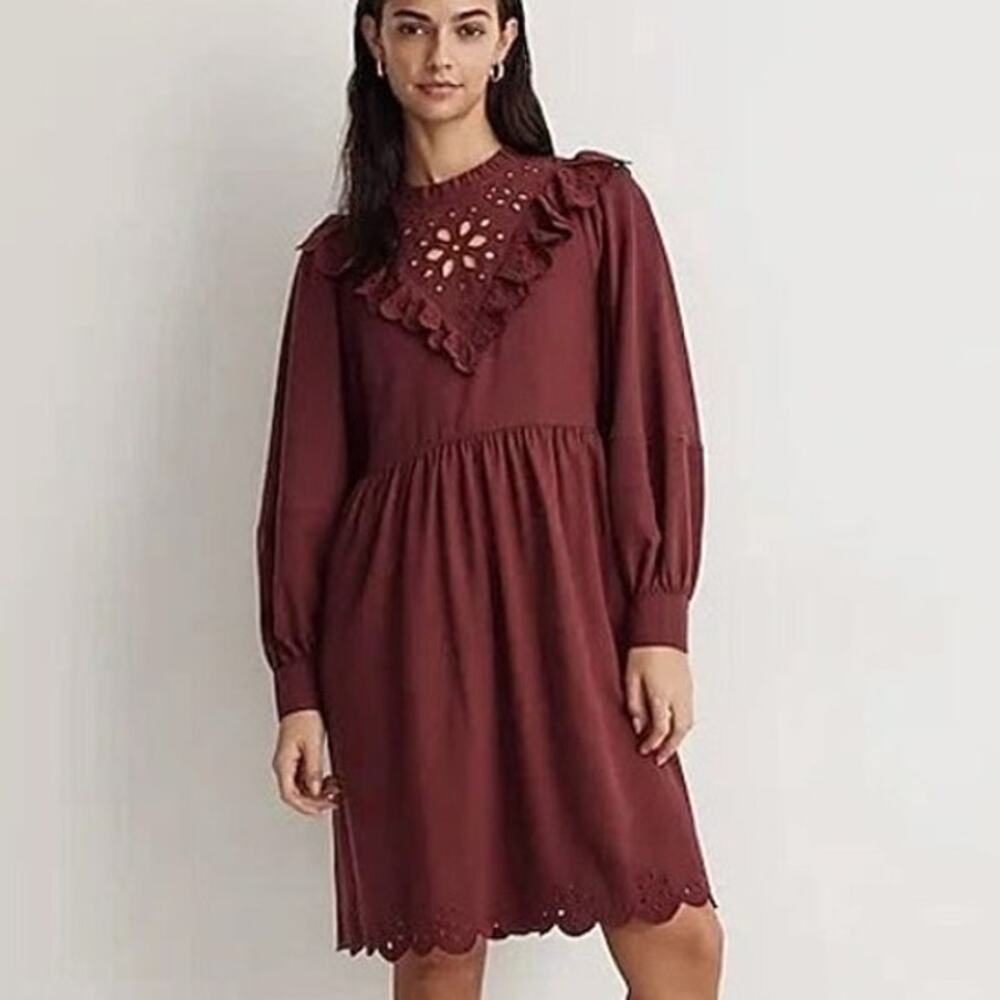 NWT Madewell Mulberry Embroidered Ruffled Flannel Cotton Mini Dress w Pockets
